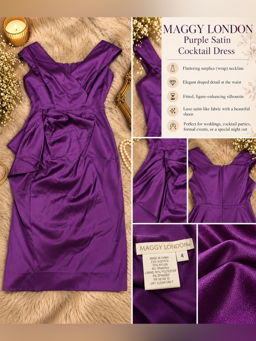Maggy London Vibrant Purple Satin Midi Dress